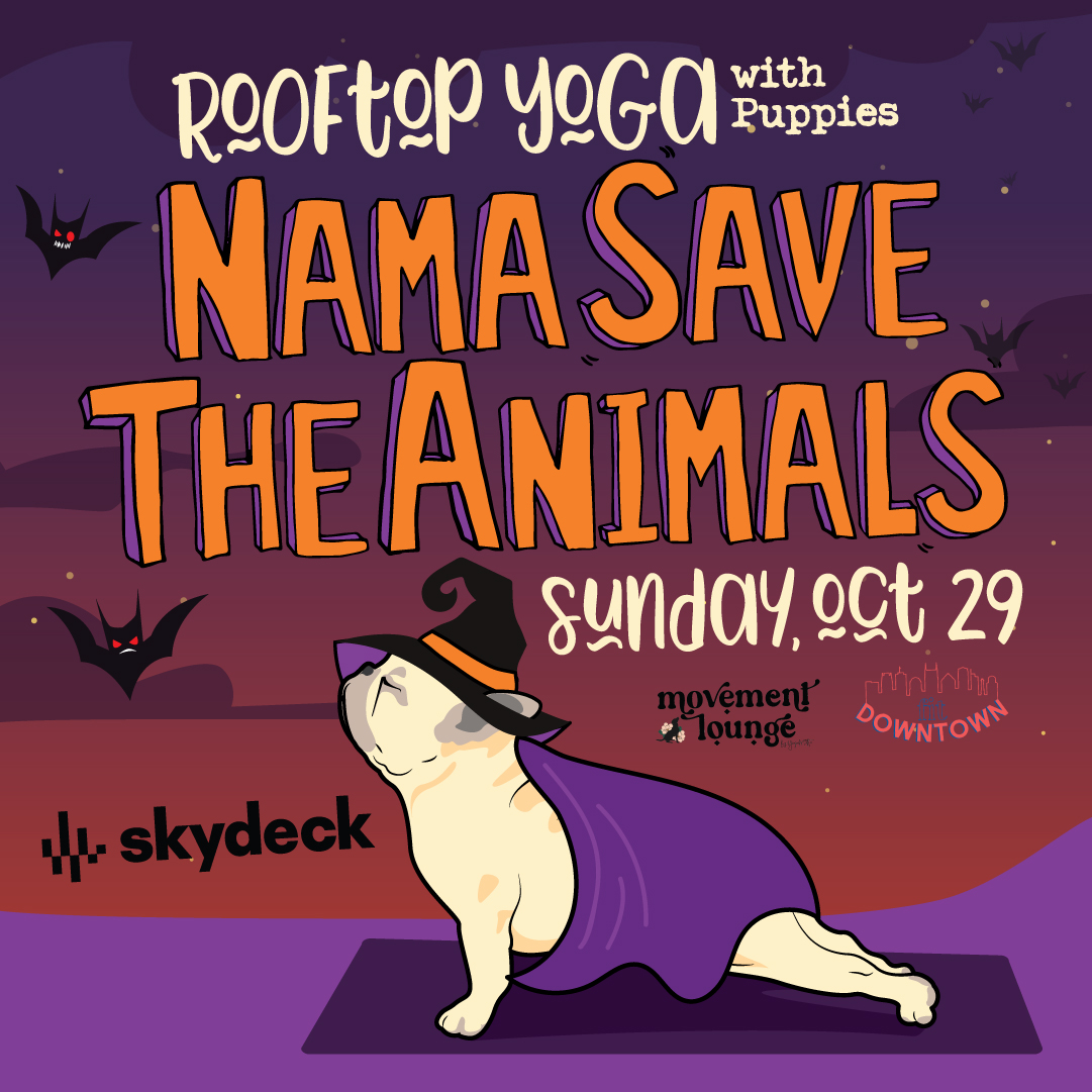Promo image of NamaSaveTheAnimals | Rooftop Yoga with Puppies Spooky Edition